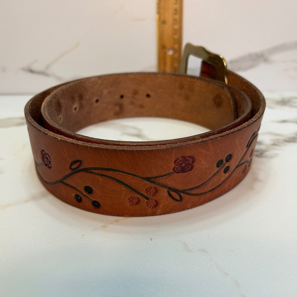 Lauren Ralph Lauren Brown Leather Floral Tooled Belt Solid Brass Buckle Medium